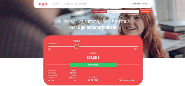 Ege.fi lainaa ilman takaajia 100 - 2800 euroa. | VertaaLainaa.fi